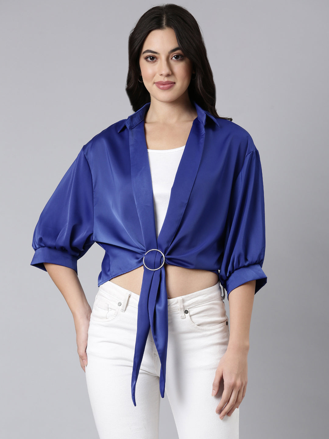 Women Solid Shirt Style Navy Blue Top