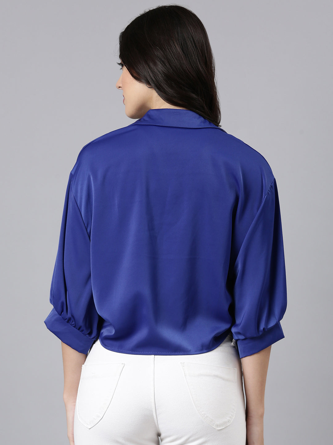 Women Solid Shirt Style Navy Blue Top