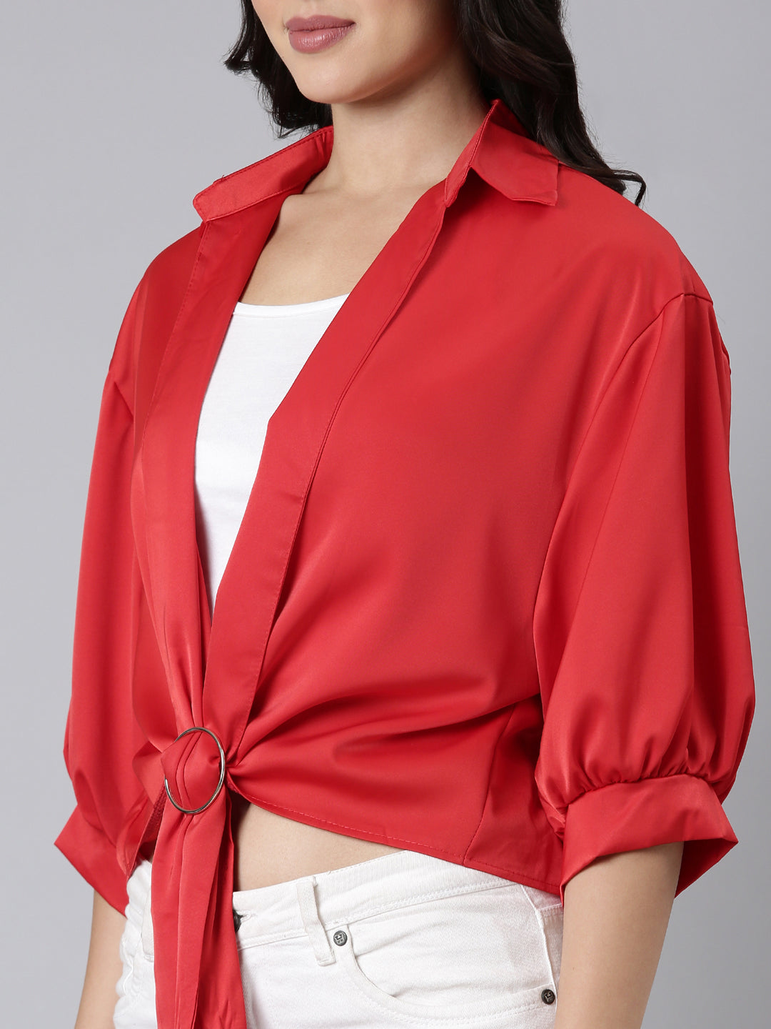 Women Solid Shirt Style Red Top