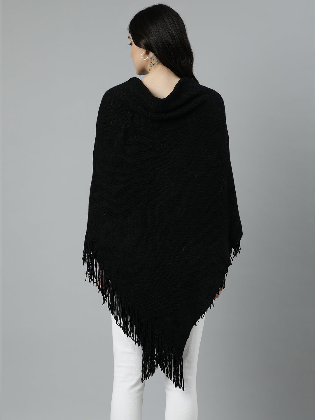 Women Solid Black Poncho