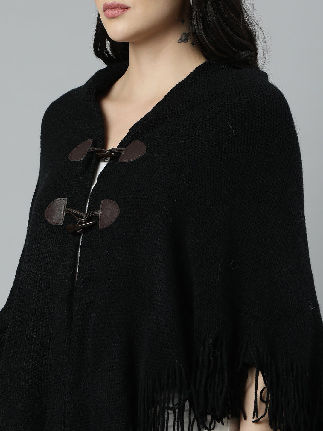 Women Solid Black Poncho