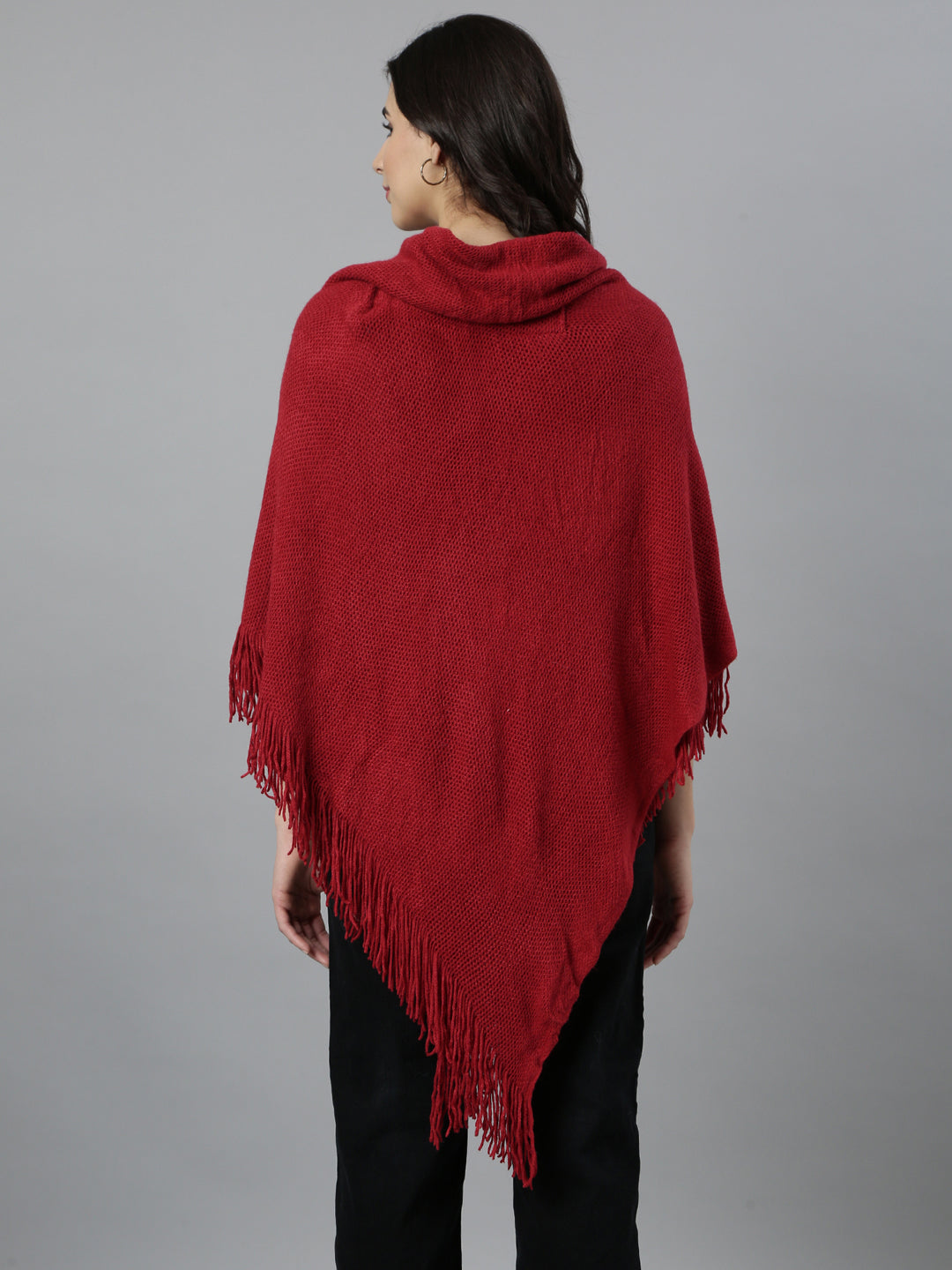 Women Solid Maroon Poncho