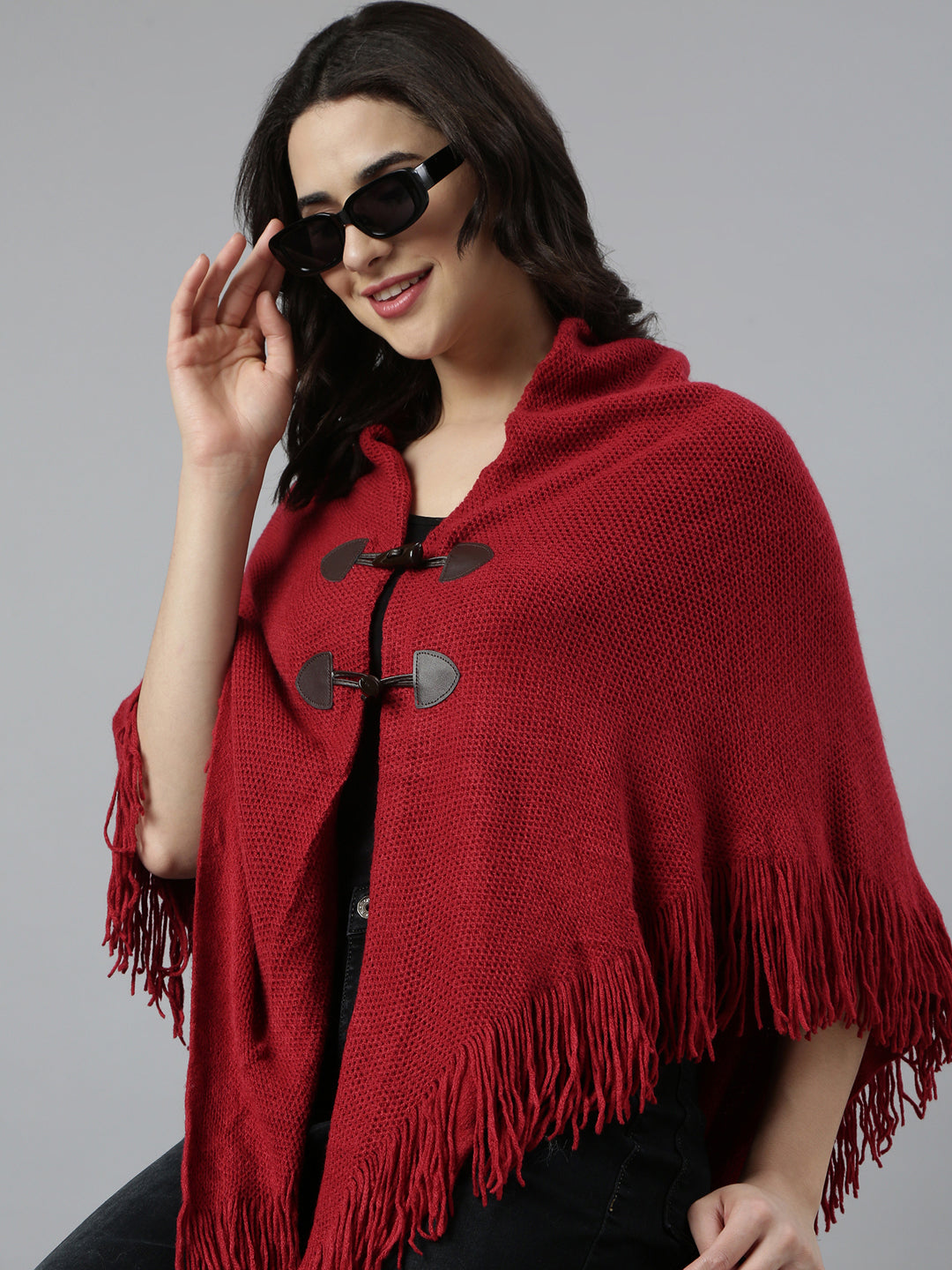 Women Solid Maroon Poncho