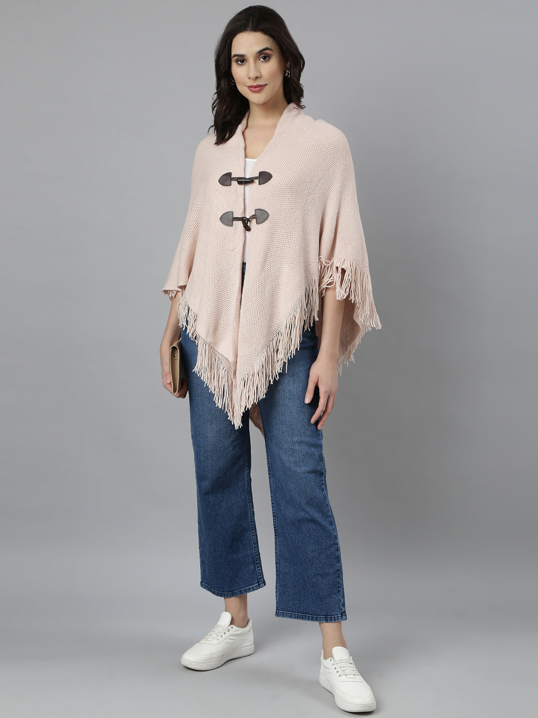 Women Solid Peach Poncho