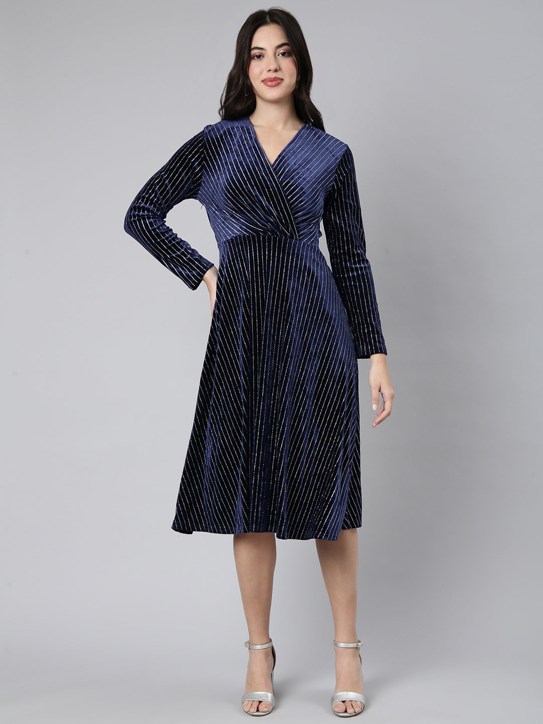 Women Striped Navy Blue Fit and Flare Dress