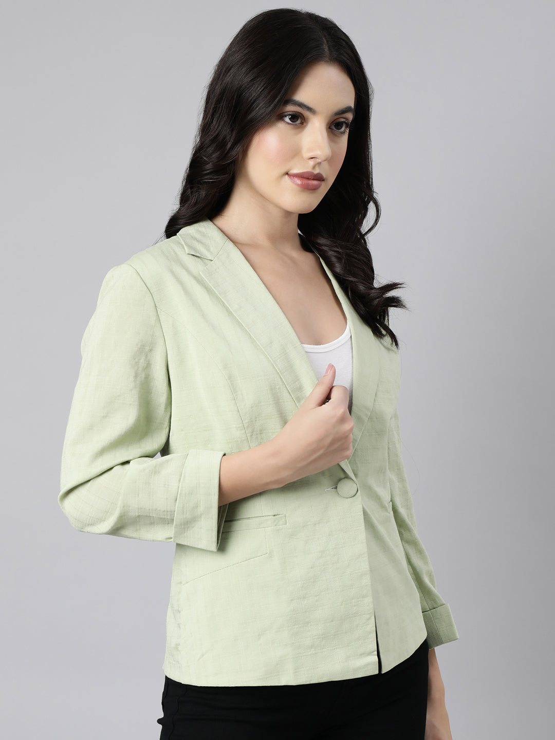 Women Sea Green Single-Breasted Blazer