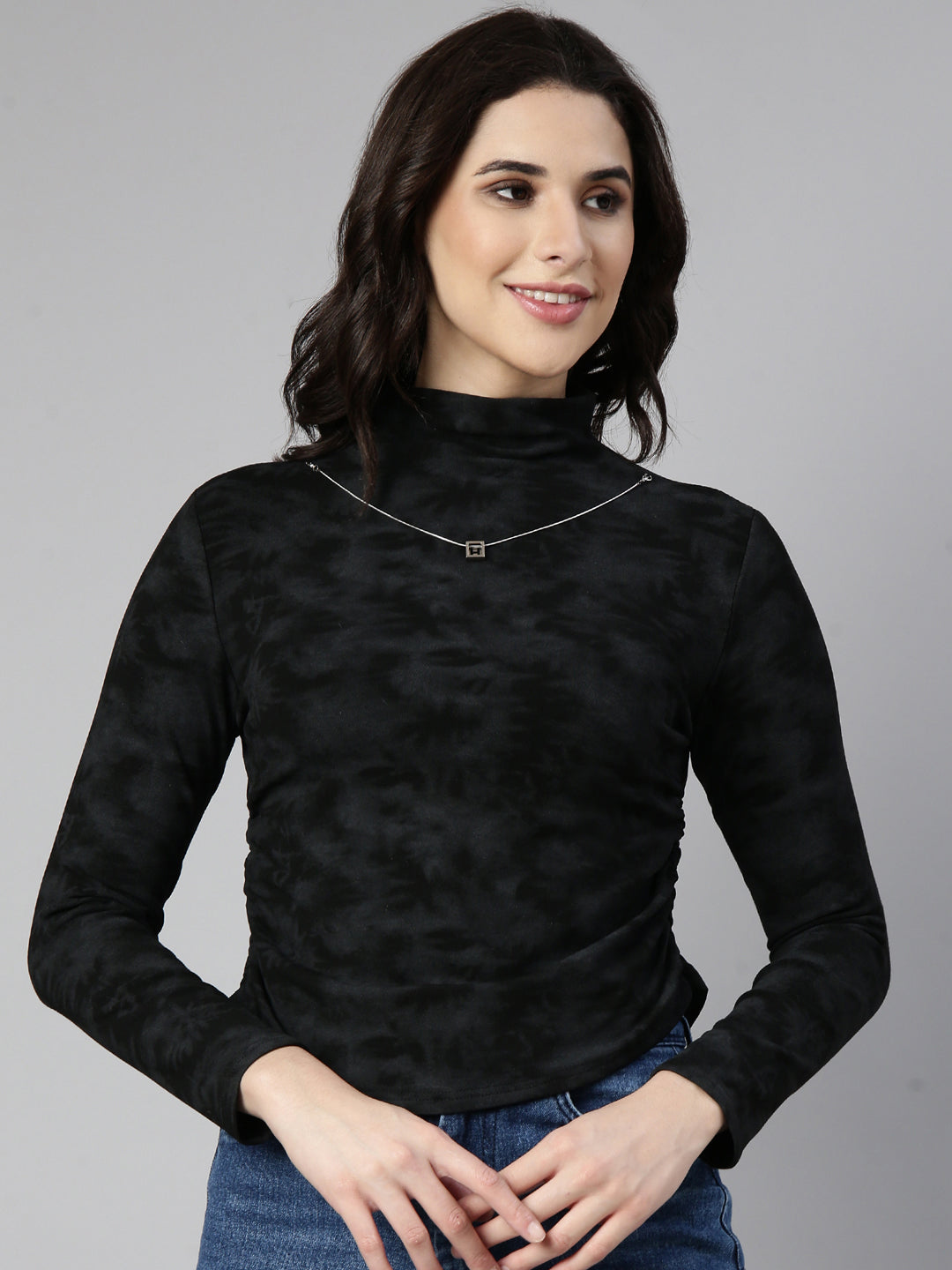 Women Solid Black Ruched Top Comes with Neck Chain