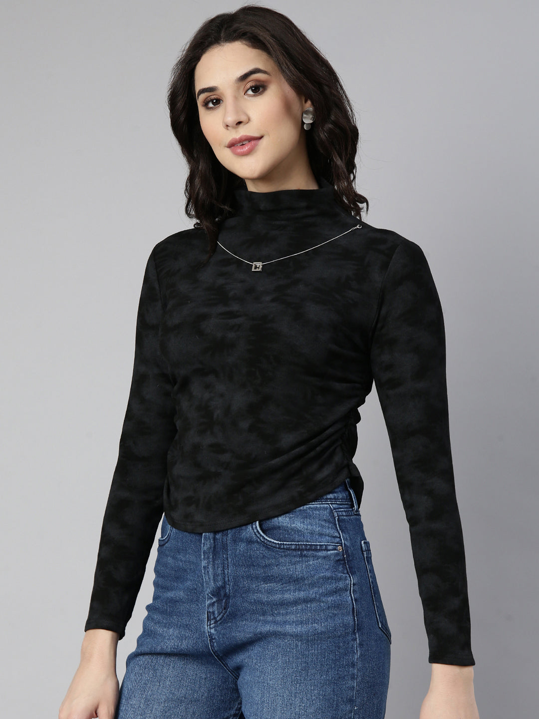 Women Solid Black Ruched Top Comes with Neck Chain