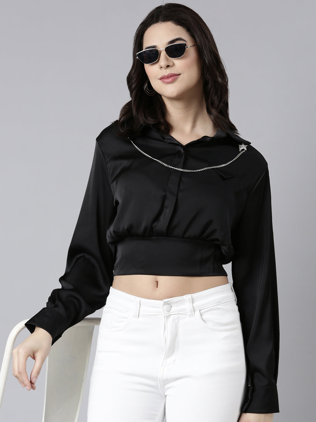 Women Solid Black Blouson Top Comes with Neck Chain