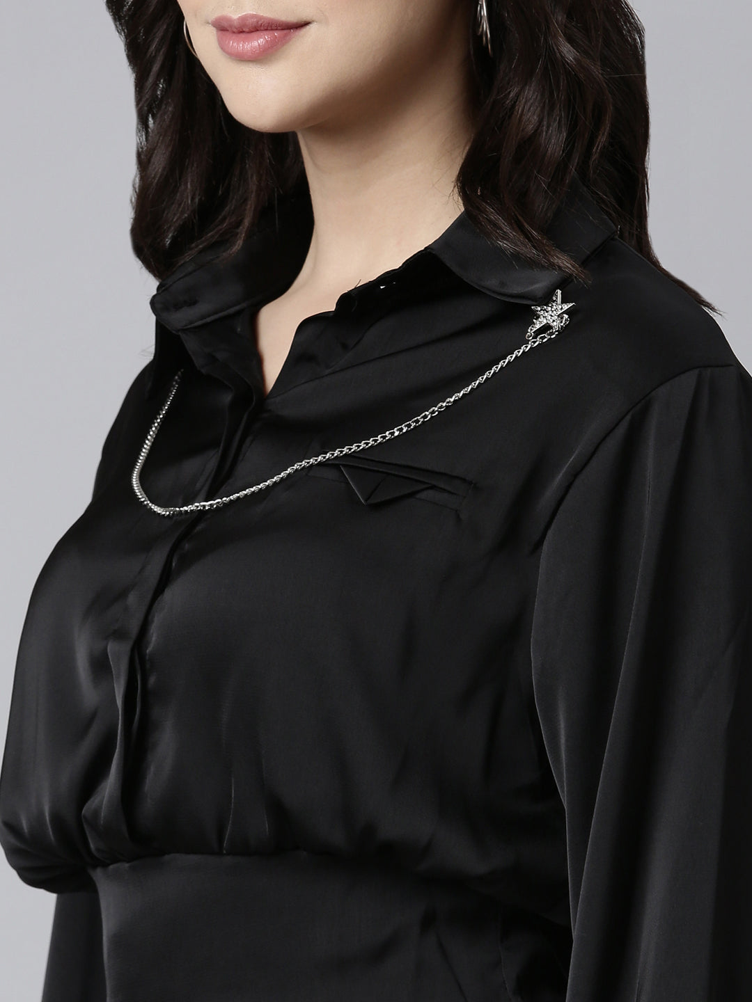 Women Solid Black Blouson Top Comes with Neck Chain