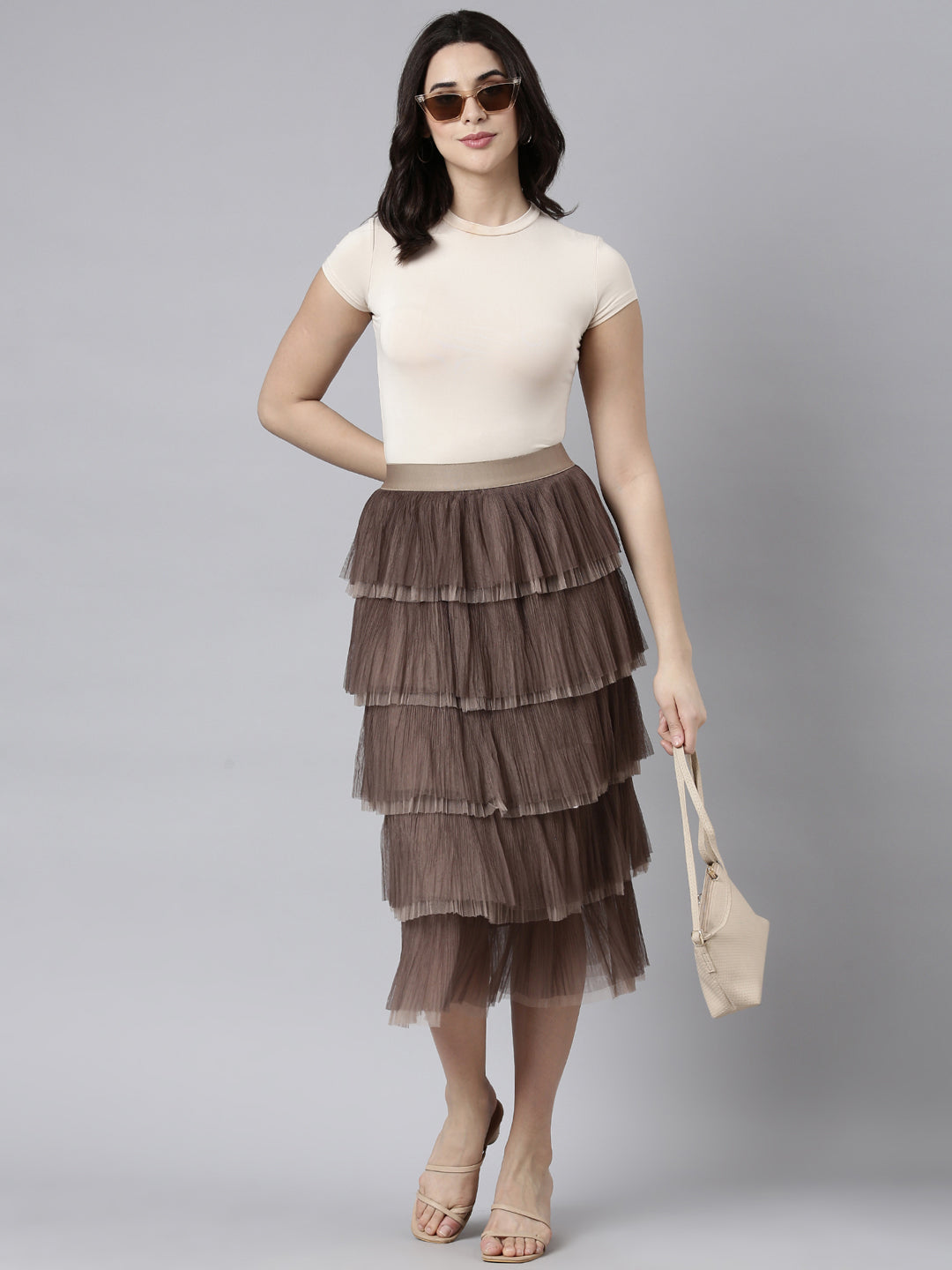 Women Solid Brown Tiered Midi Skirt