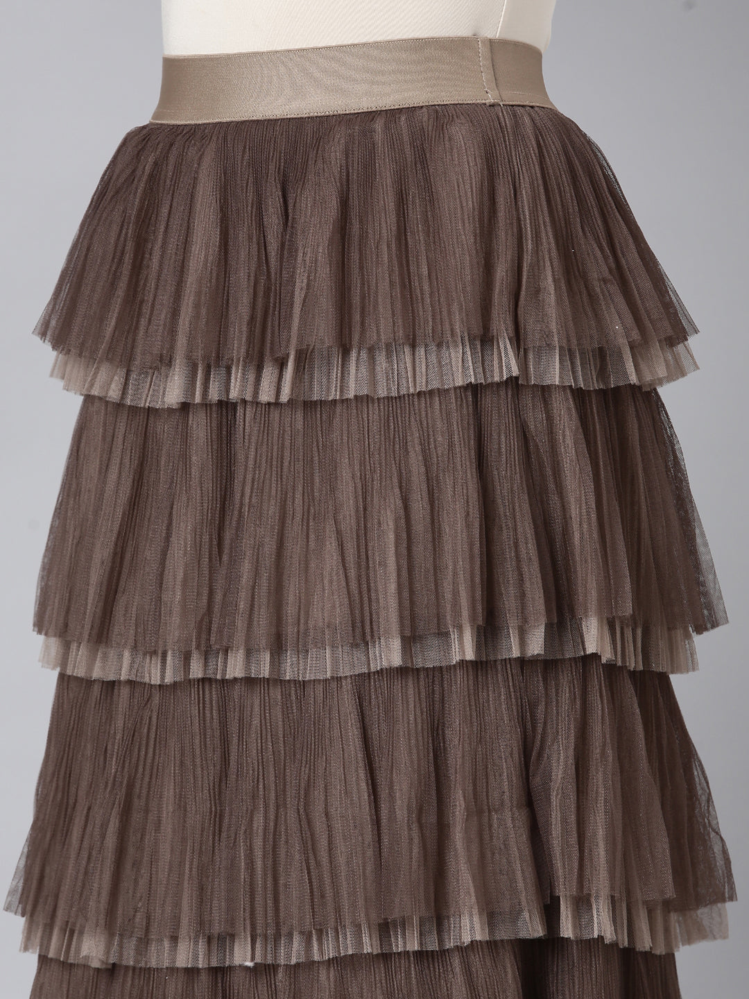 Women Solid Brown Tiered Midi Skirt