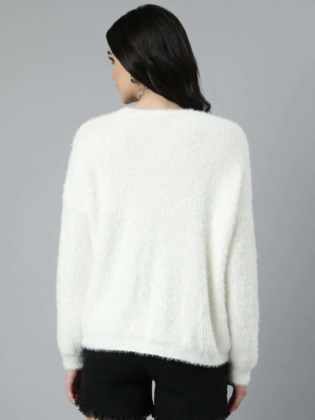 Women Solid Off White Cardigan