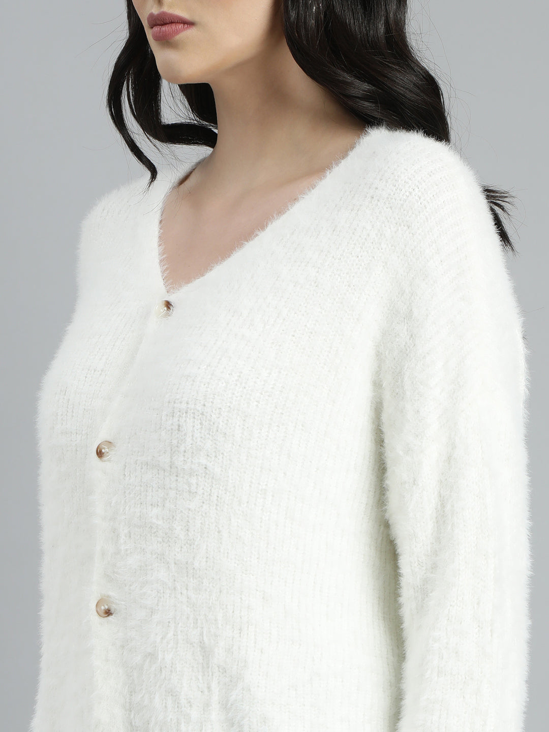 Women Solid Off White Cardigan
