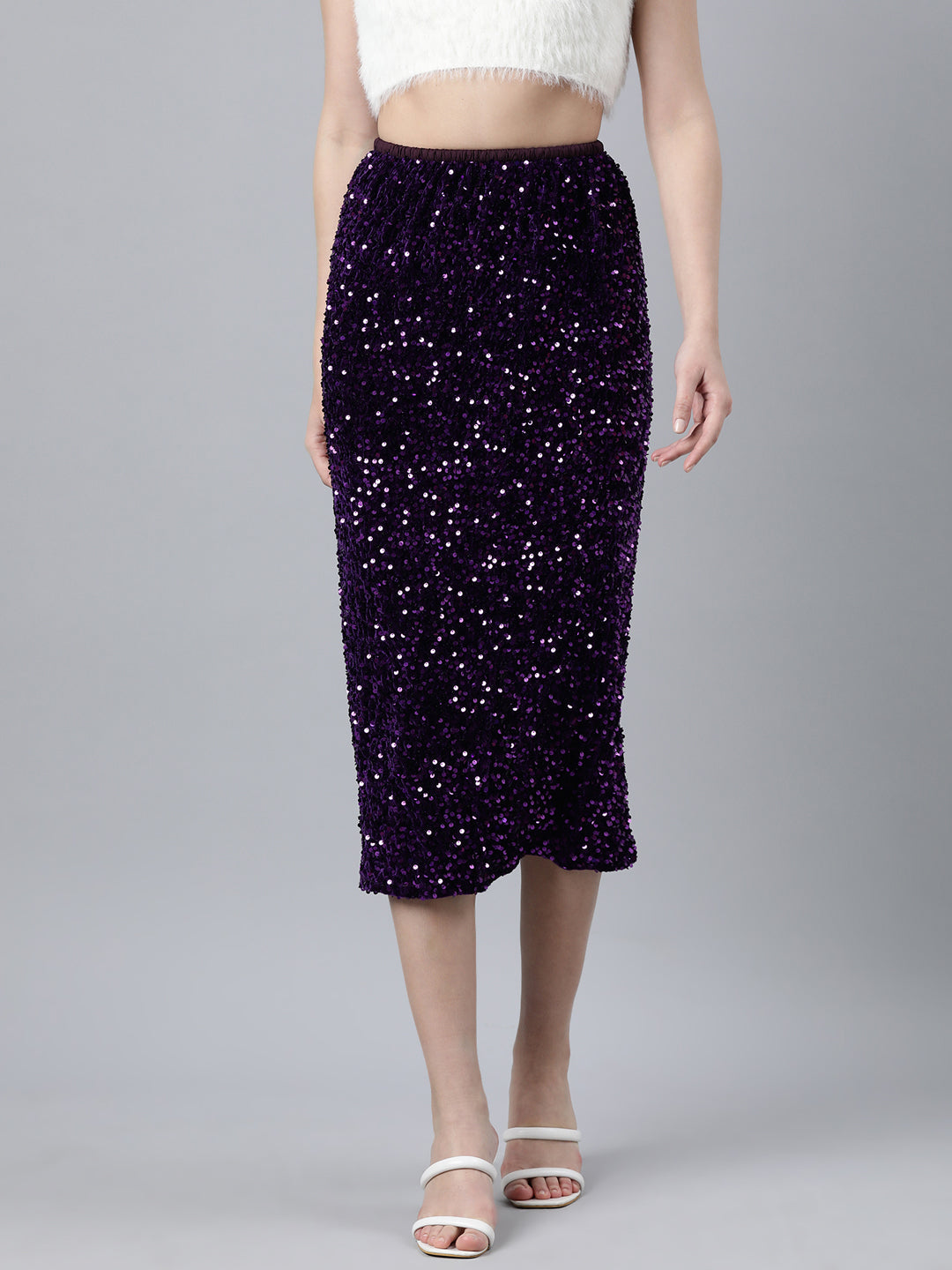 Women Self Design Purple Straight Midi Skirt