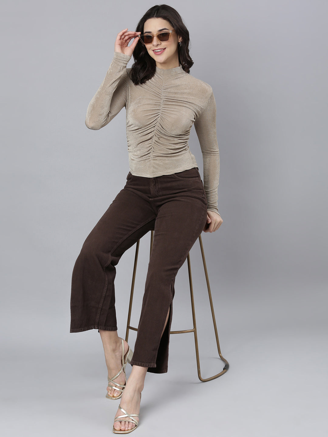 Women Solid Beige Fitted Semi Sheer Ruched Top