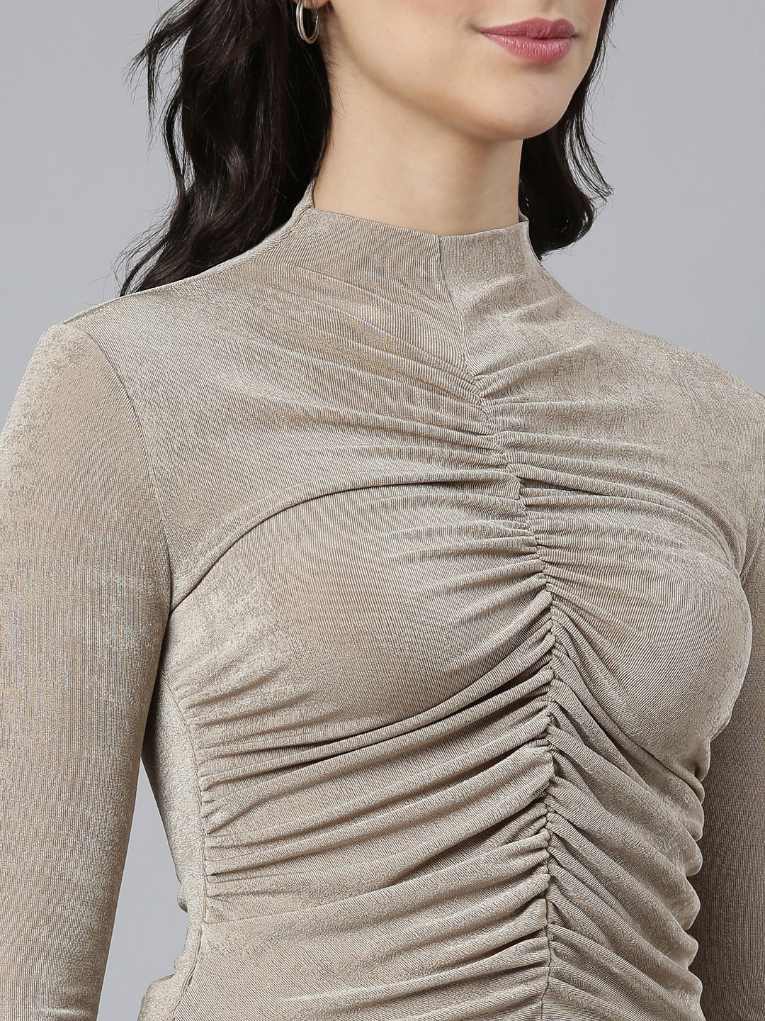 Women Solid Beige Fitted Semi Sheer Ruched Top