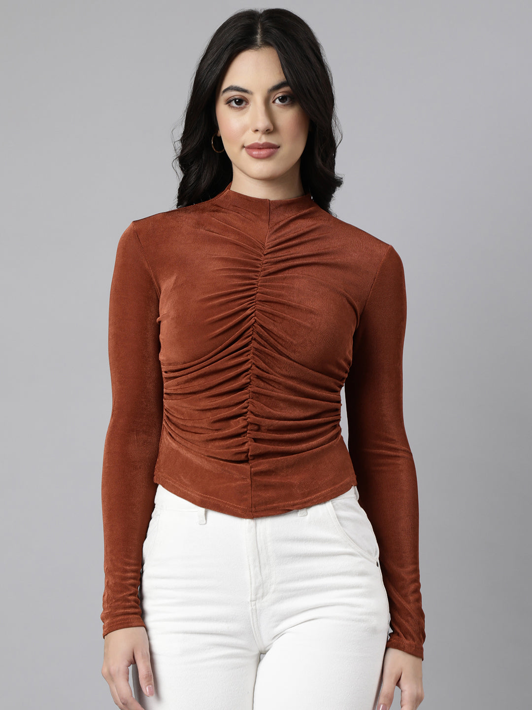 Women Solid Rust Fitted Semi Sheer Ruched Top