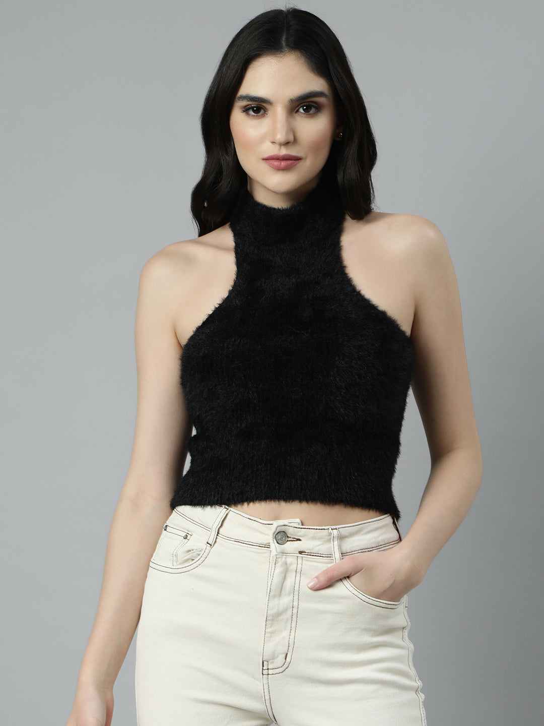 Women Solid Black Fitted Crop Top