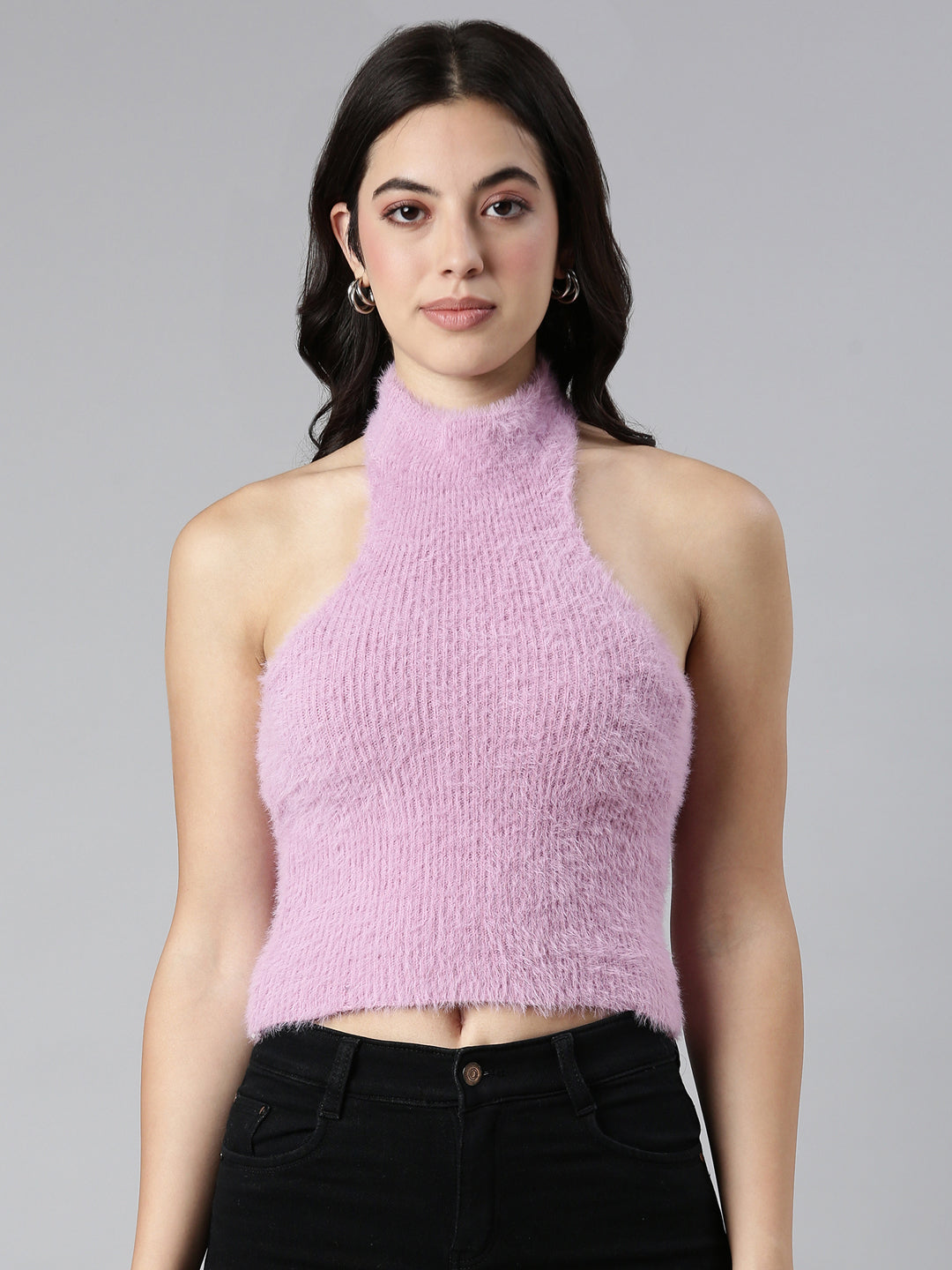Women Solid Lavender Fitted Crop Top