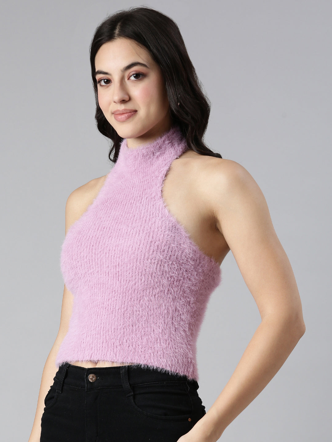Women Solid Lavender Fitted Crop Top