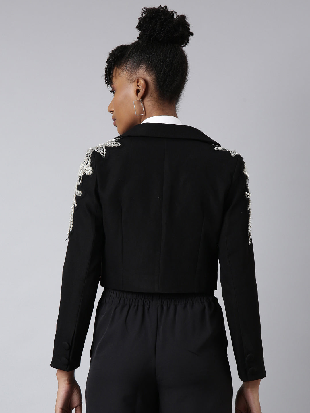 Women Black Solid Single Breasted Crop Blazer