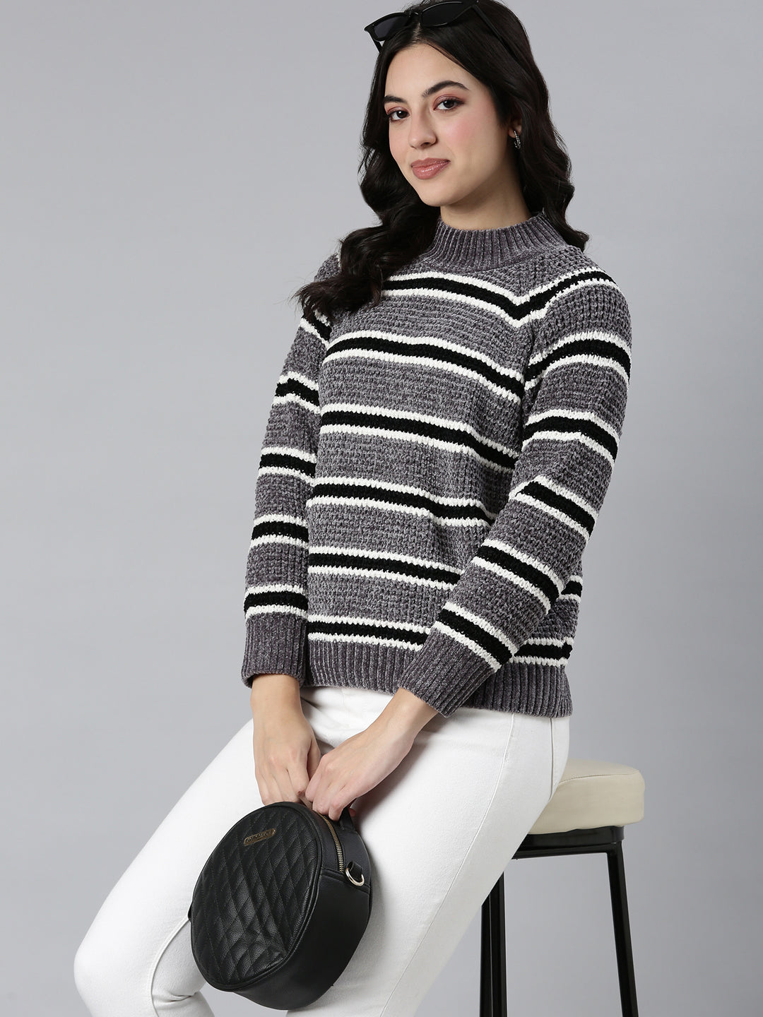 Women Striped Grey Pullover