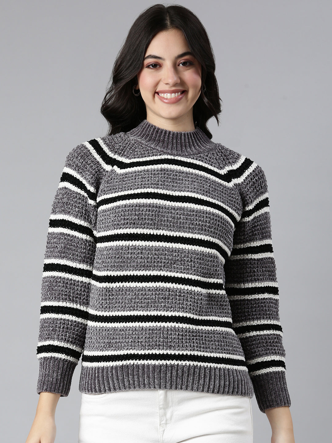 Women Striped Grey Pullover