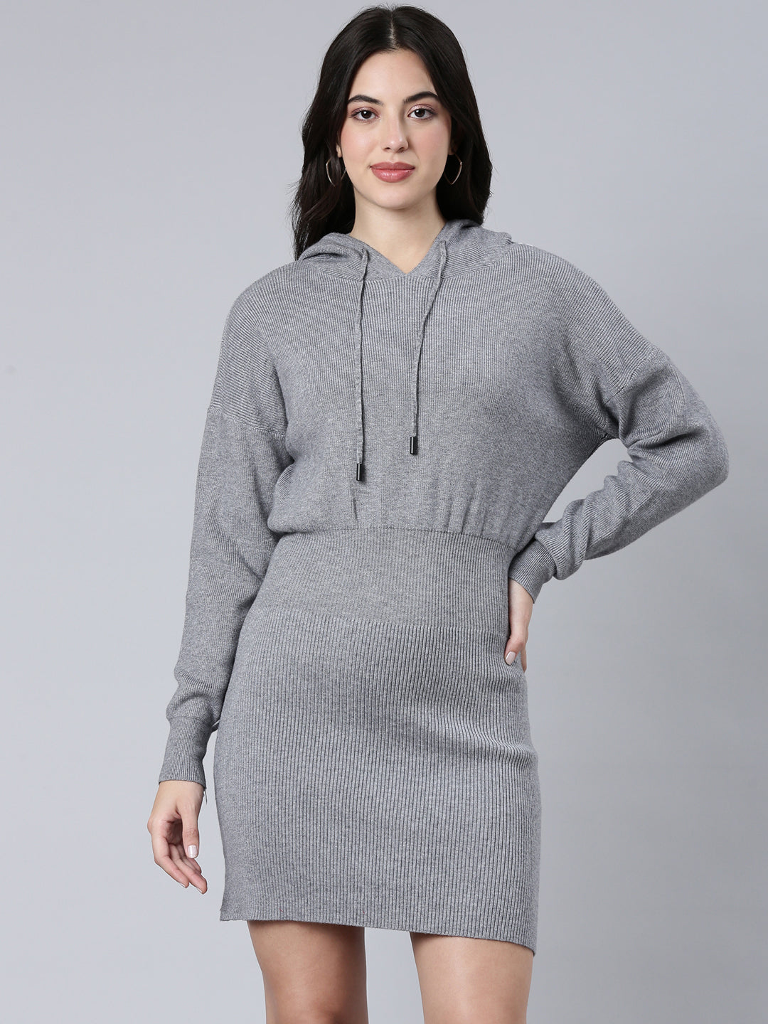 Women Solid Grey A-Line Drop Shoulder Dress