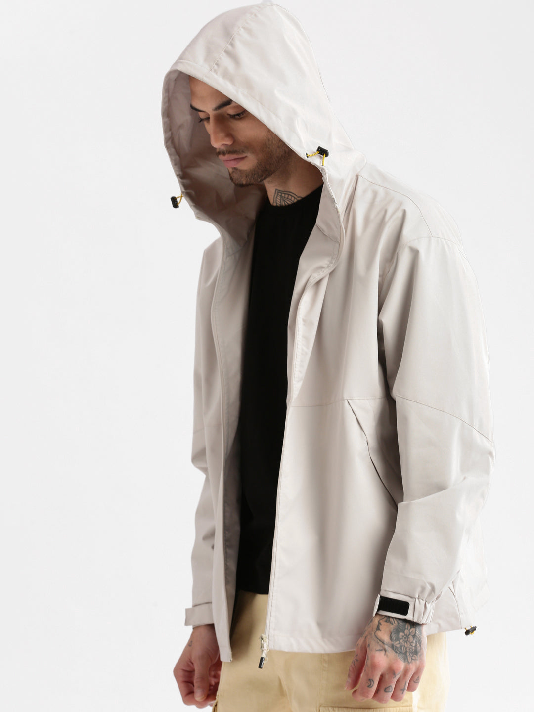Men Hooded Cream Solid Tailored Oversized Jacket