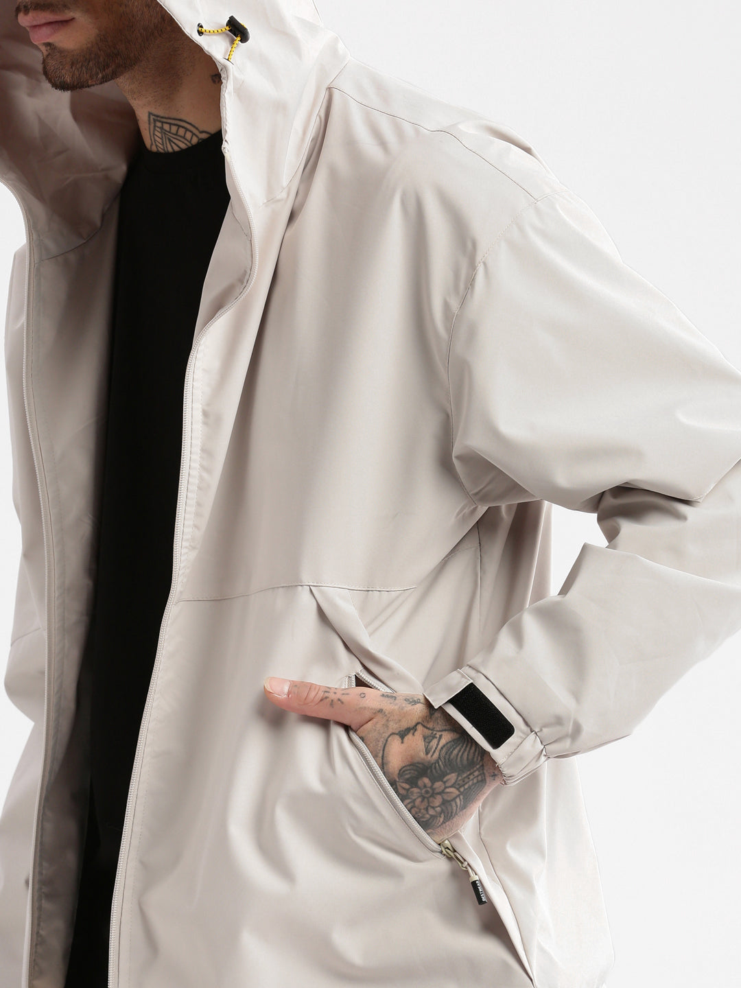 Men Hooded Cream Solid Tailored Oversized Jacket