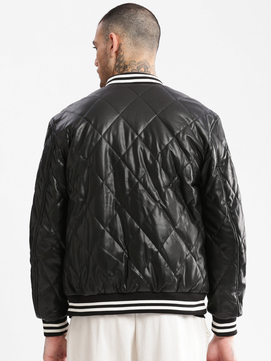 Men Mandarin Collar Black Solid Leather Jacket