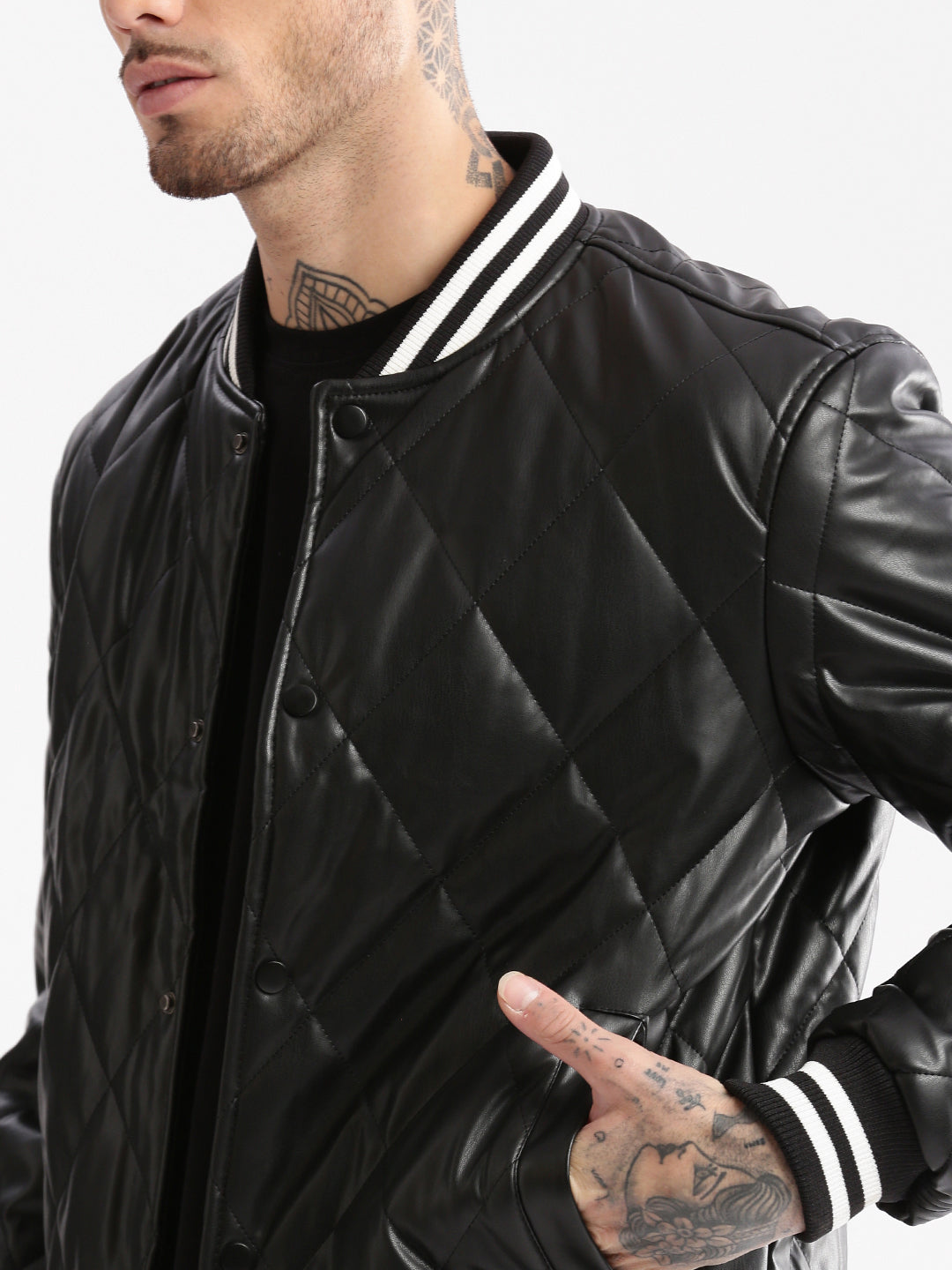 Men Mandarin Collar Black Solid Leather Jacket