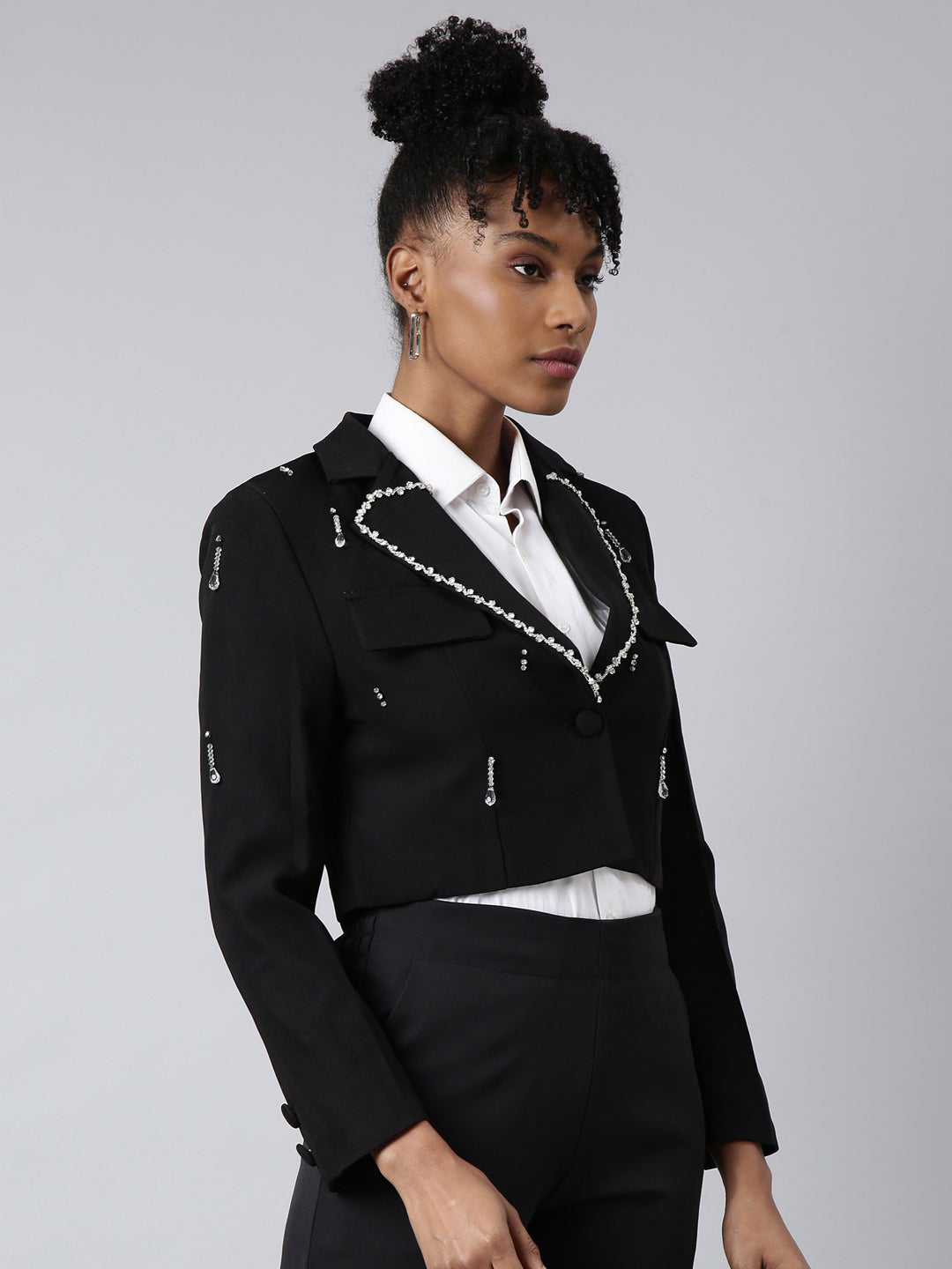 Women Black Solid Single Breasted Crop Blazer
