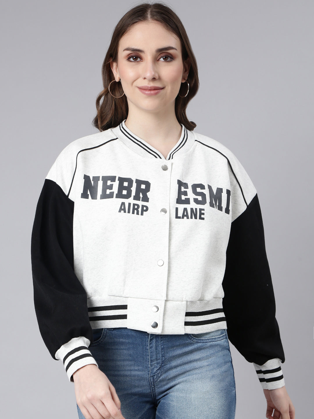 Women Typography Off White Crop Oversized Drop Shoulder Varsity Jacket