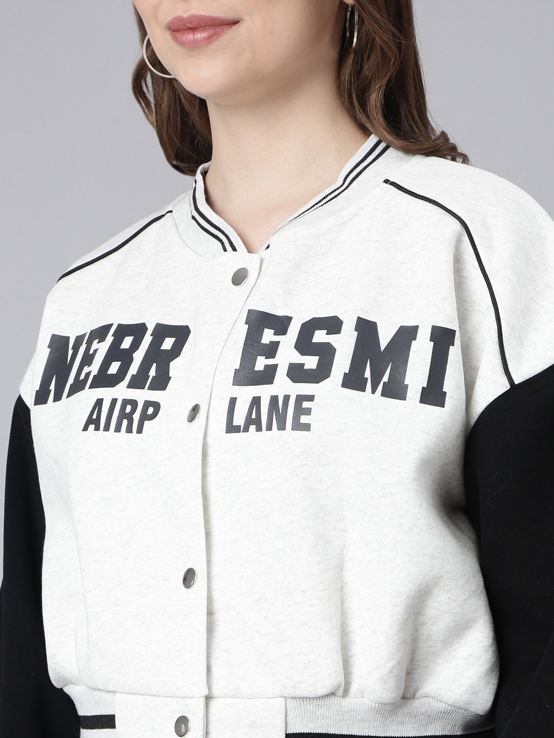 Women Typography Off White Crop Oversized Drop Shoulder Varsity Jacket