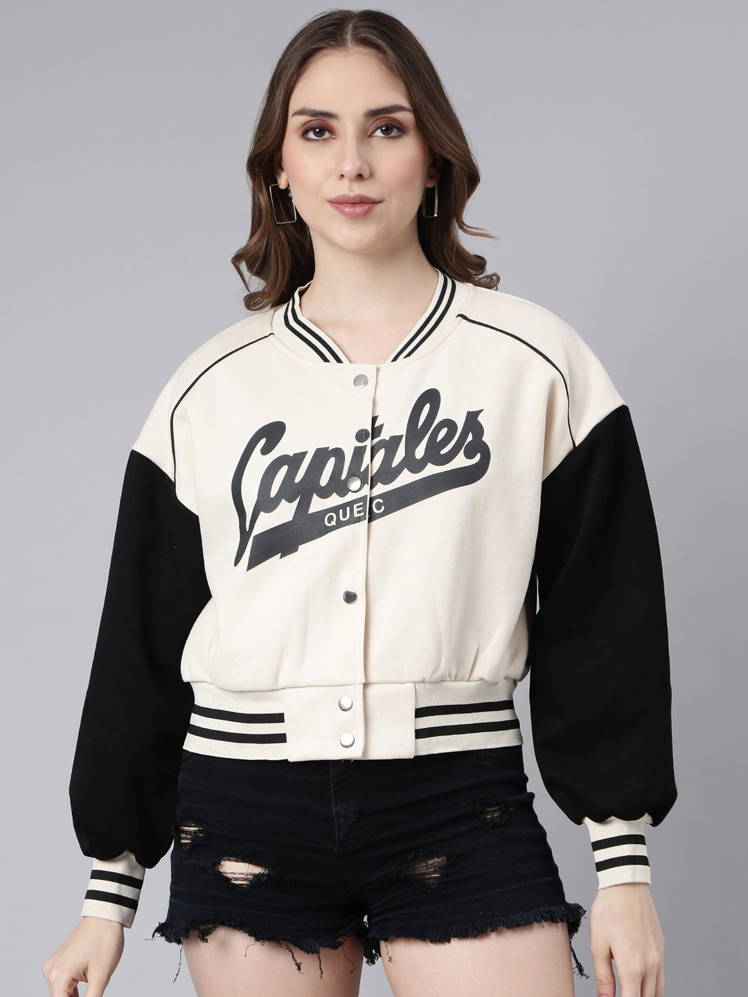 Women Typography Cream Crop Oversized Drop Shoulder Varsity Jacket