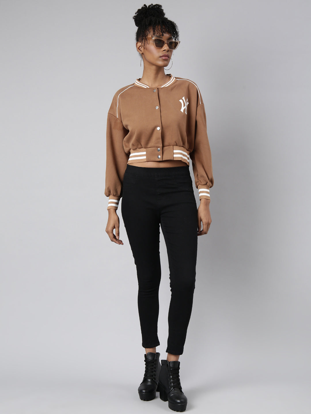 Women Typography Brown Crop Oversized Drop Shoulder Varsity Jacket