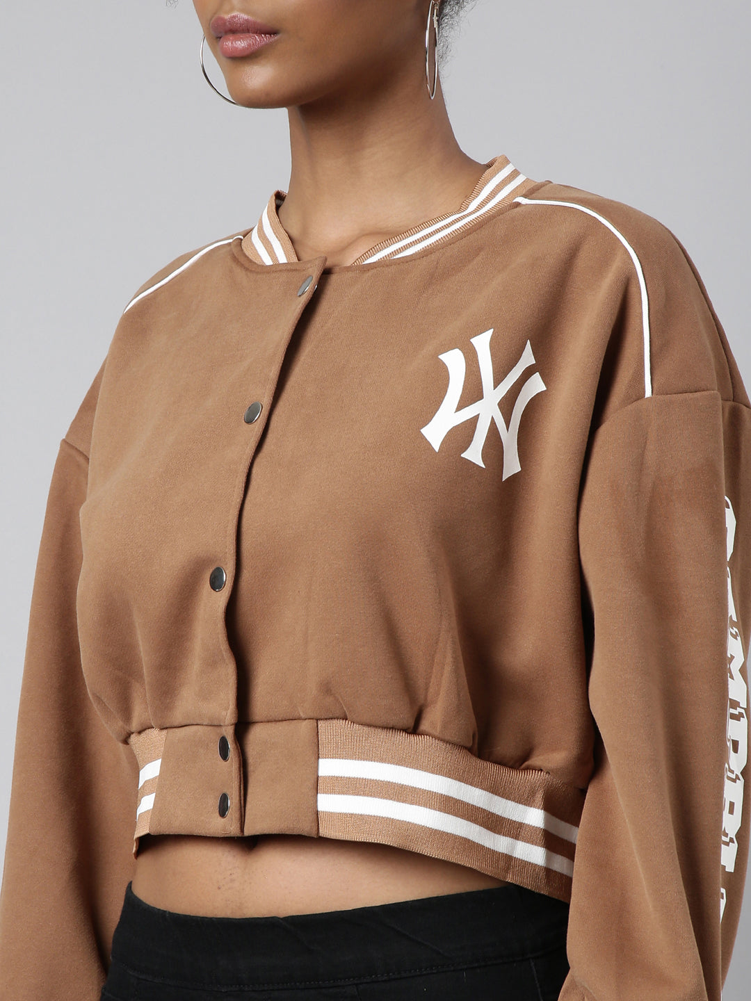 Women Typography Brown Crop Oversized Drop Shoulder Varsity Jacket