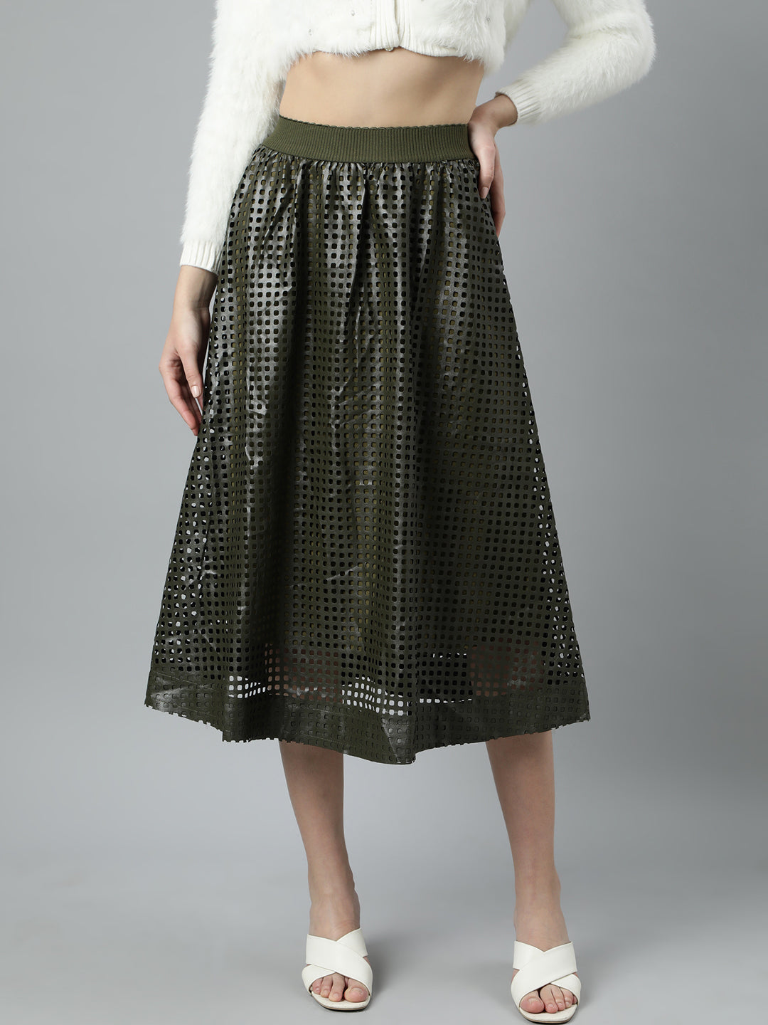 Women Self Design Olive Flared Midi Skirt