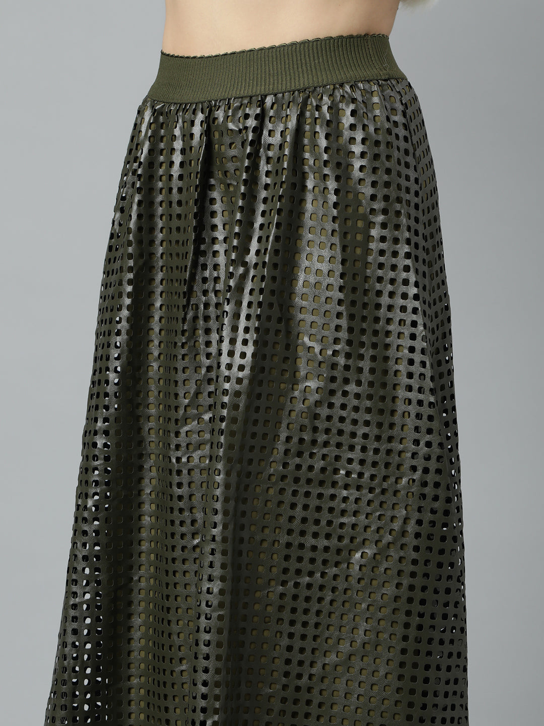 Women Self Design Olive Flared Midi Skirt