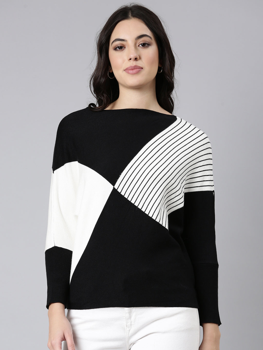 Women Colourblocked Boxy Black Top