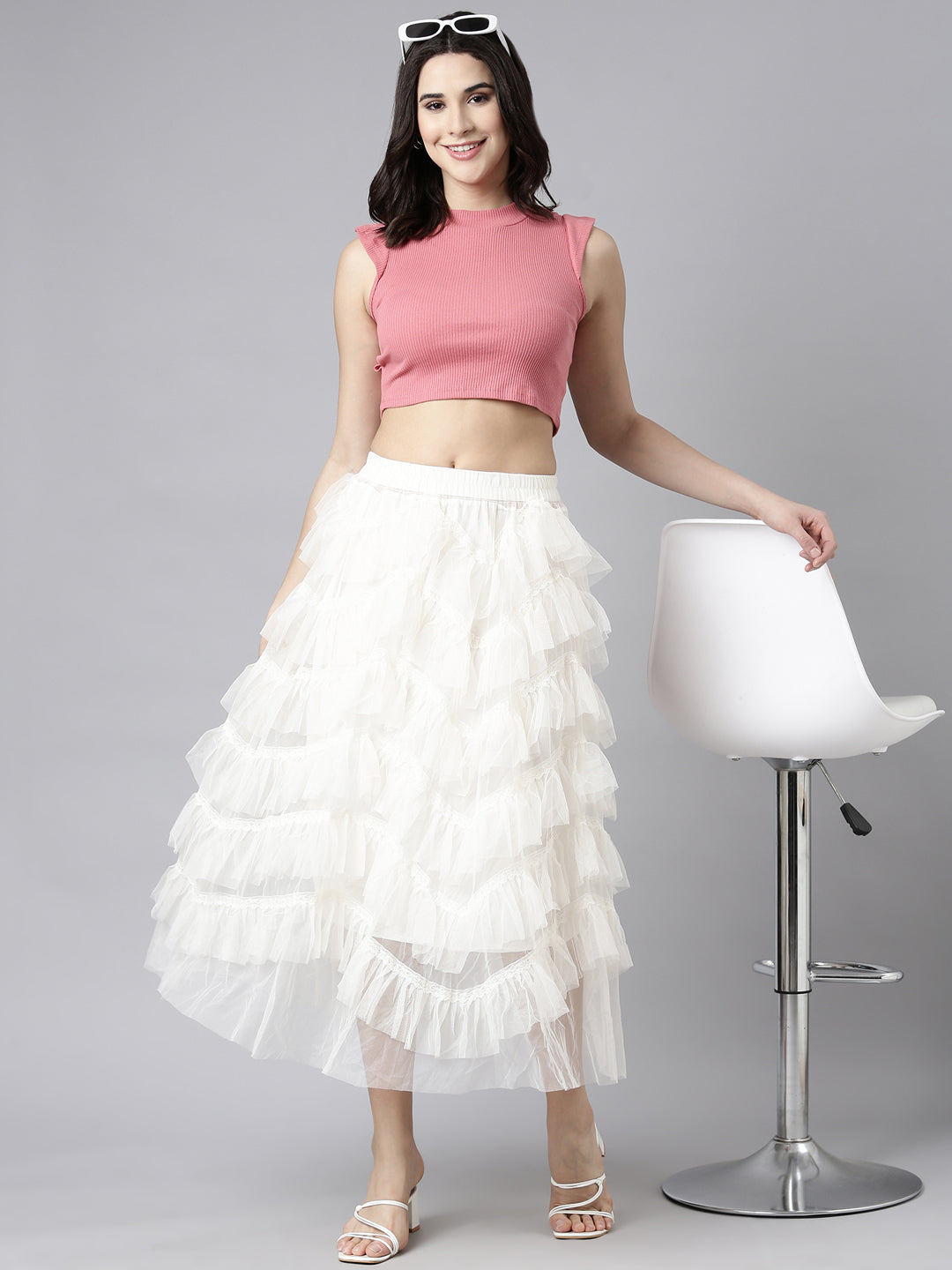 Women Solid Cream Tiered Midi Sheer Skirt