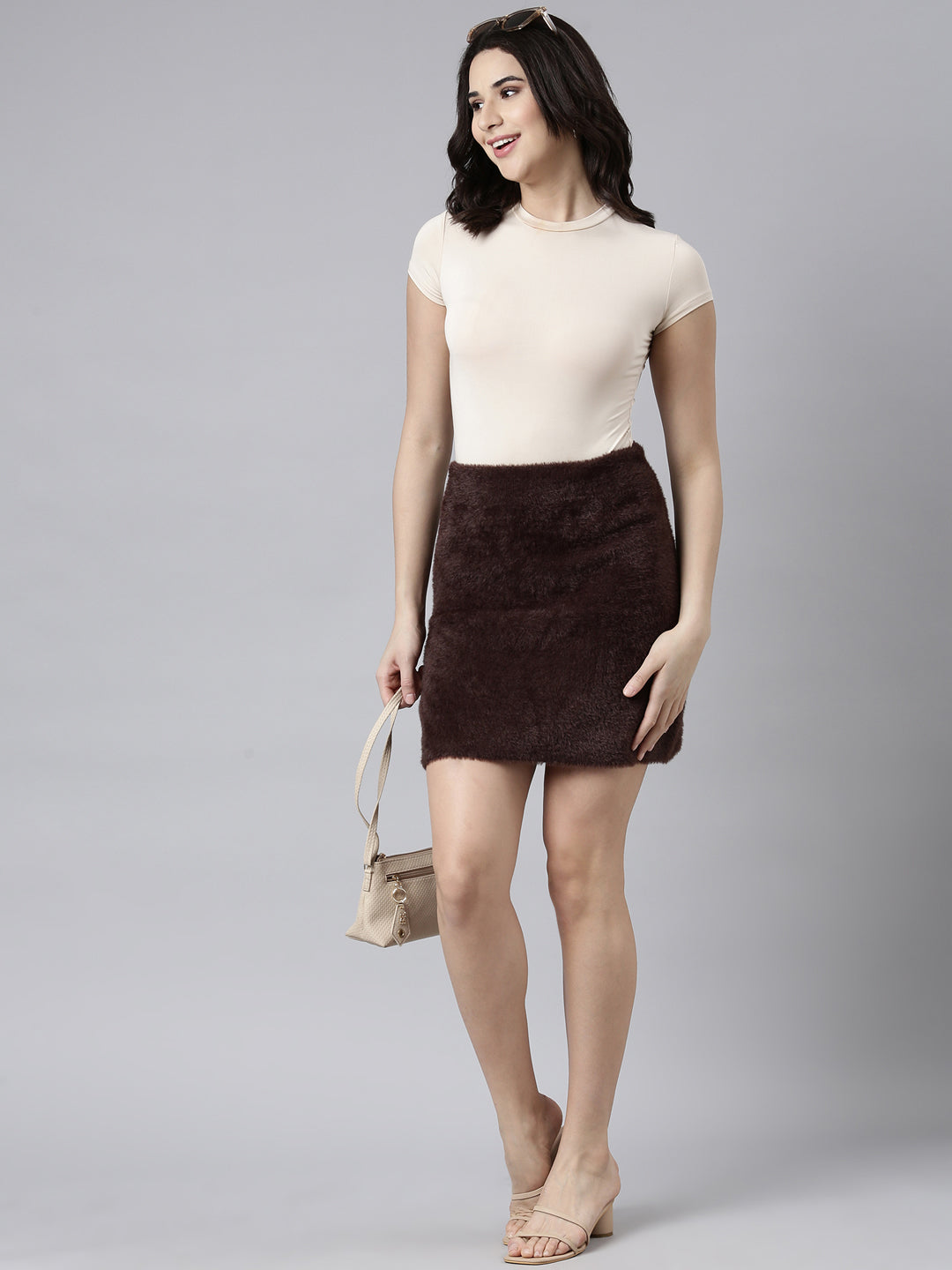 Women Self Design Brown Pencil Mini Skirt