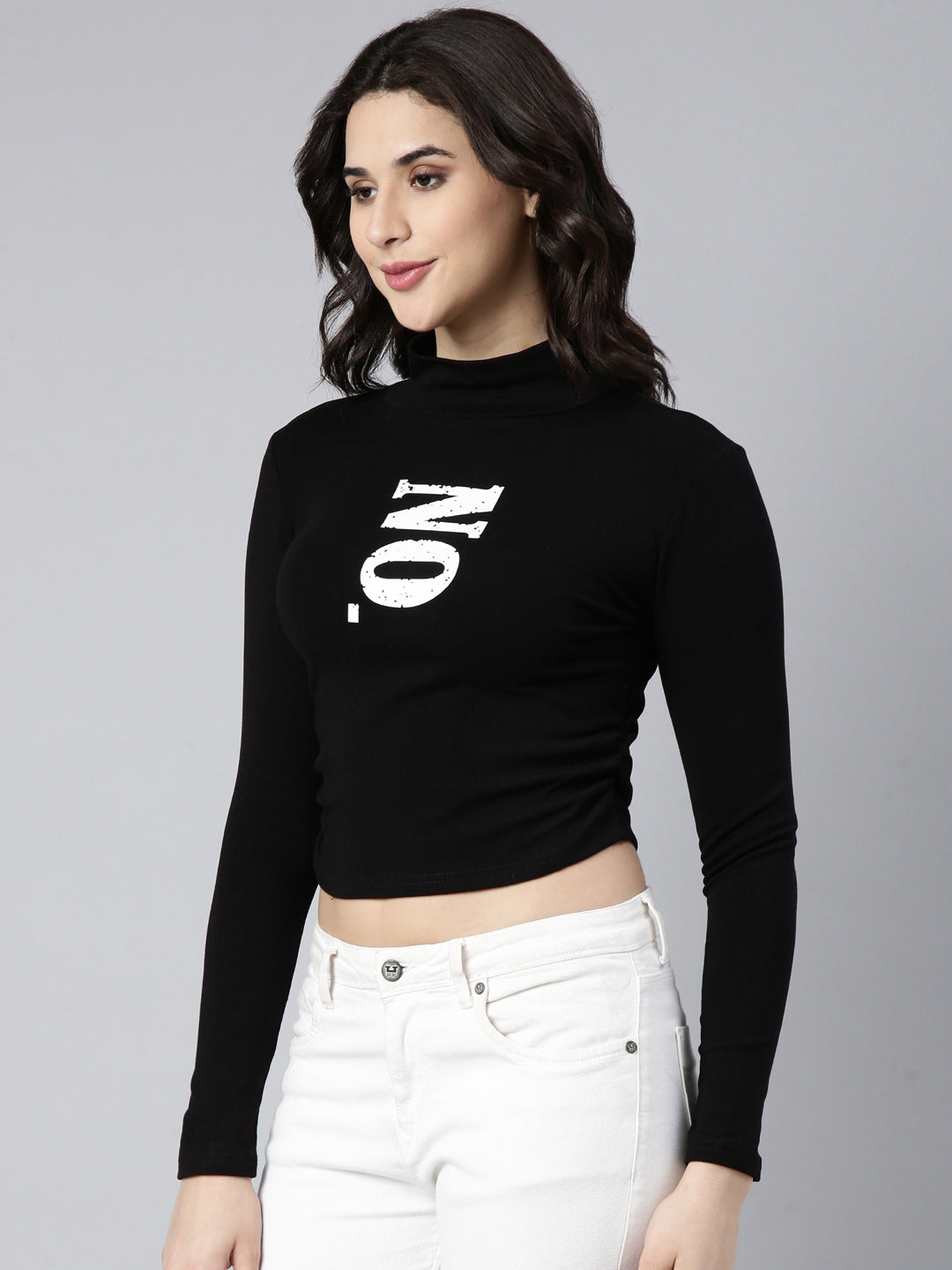 Women Typography Black Crop Ruched Top