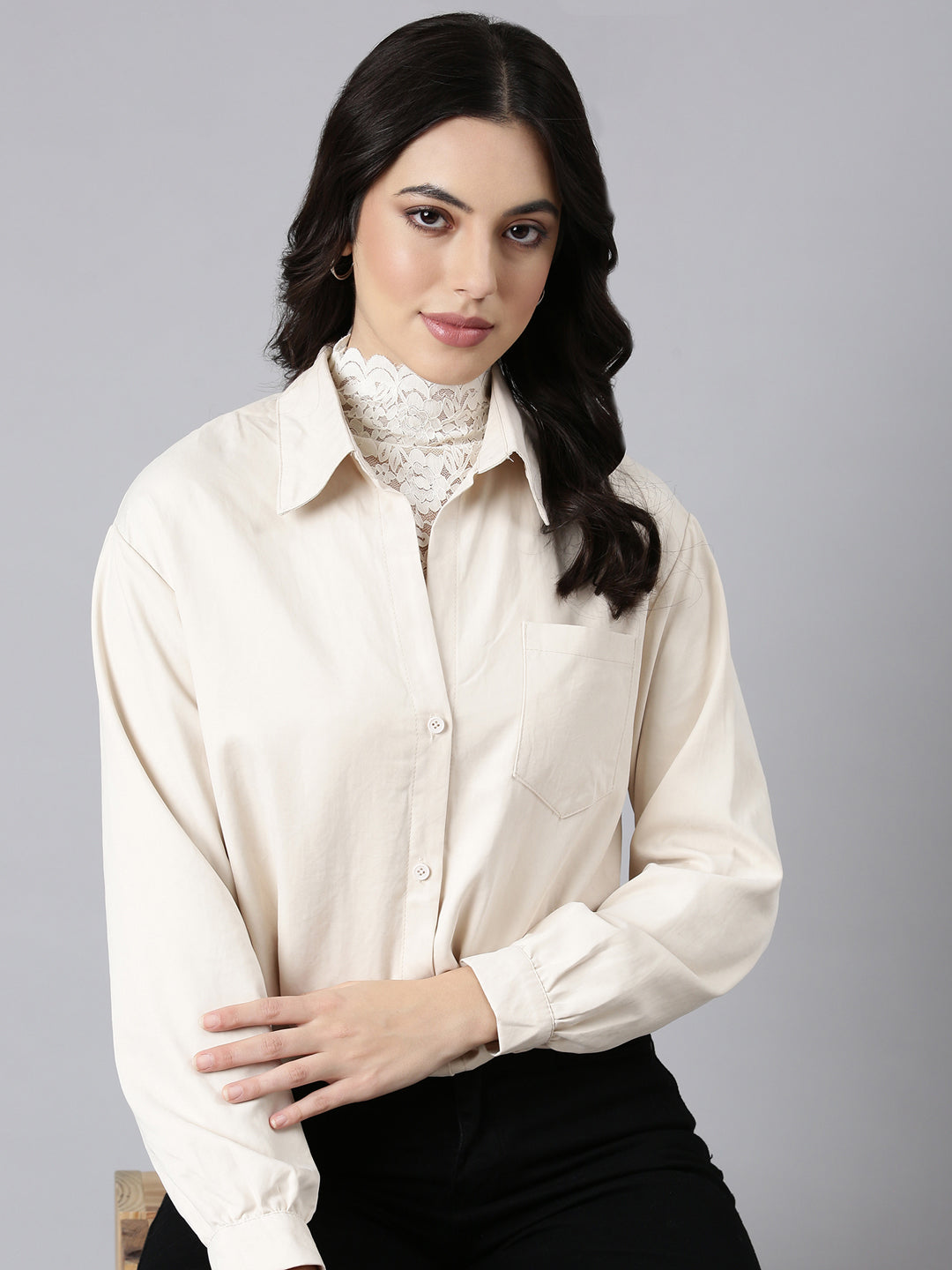 Women Solid Shirt Style Cream Top Comes with Attached Inner Top