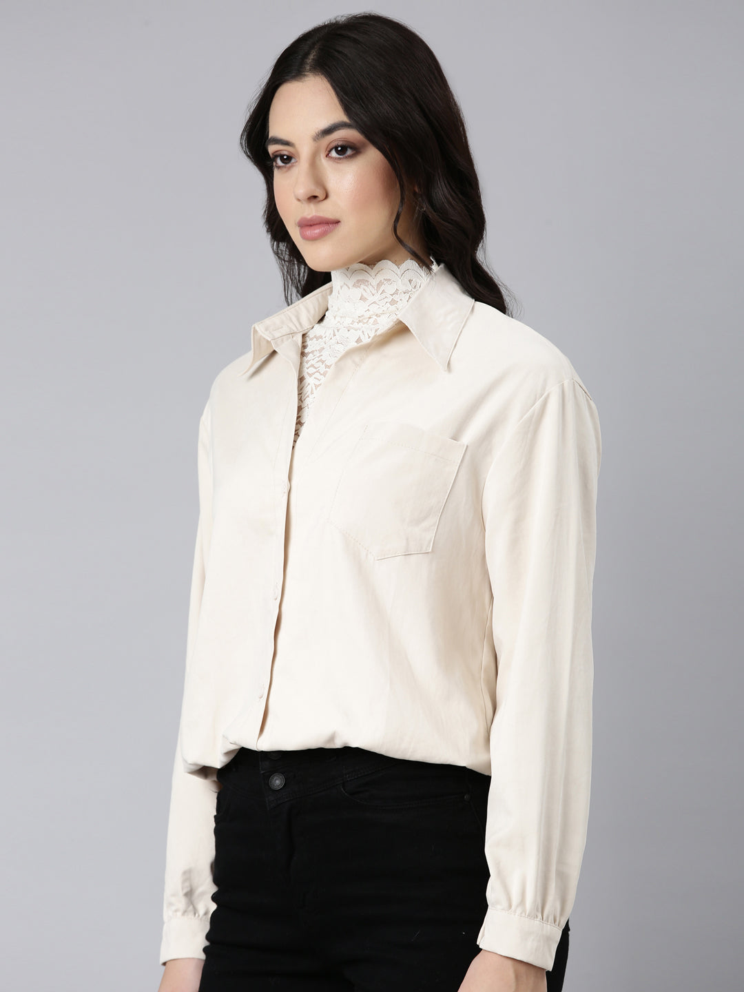 Women Solid Shirt Style Cream Top Comes with Attached Inner Top