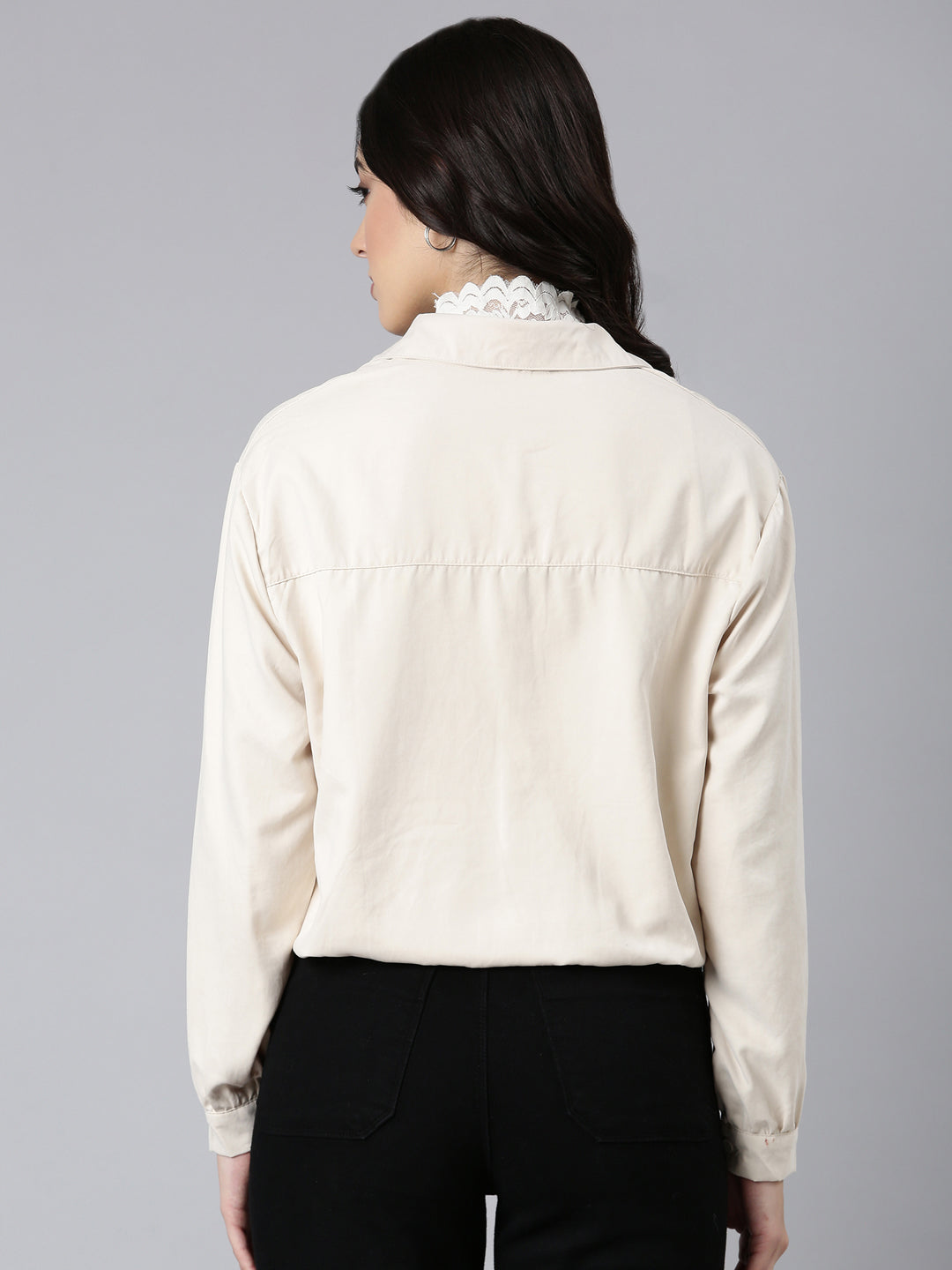 Women Solid Shirt Style Cream Top Comes with Attached Inner Top