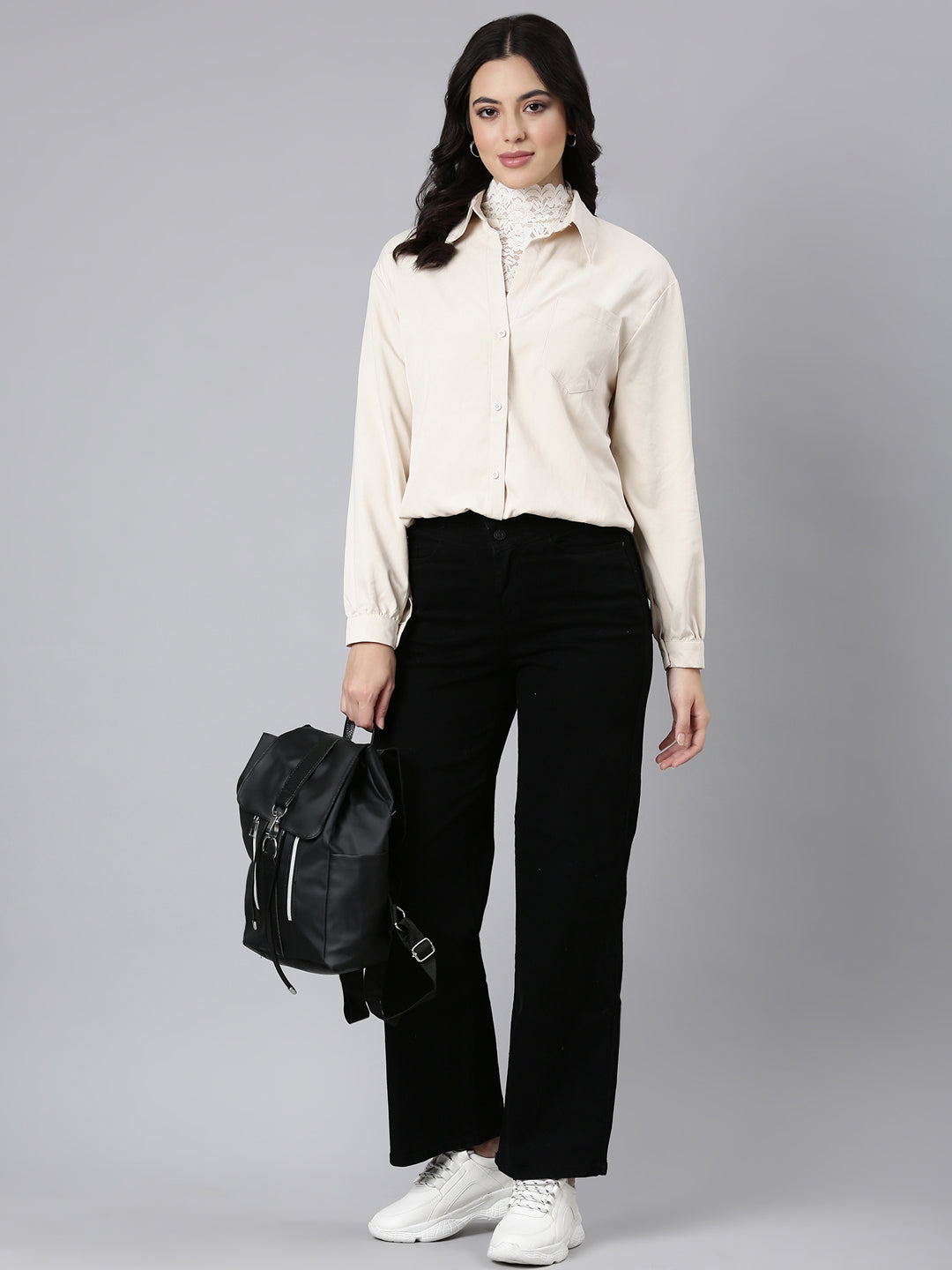 Women Solid Shirt Style Cream Top Comes with Attached Inner Top