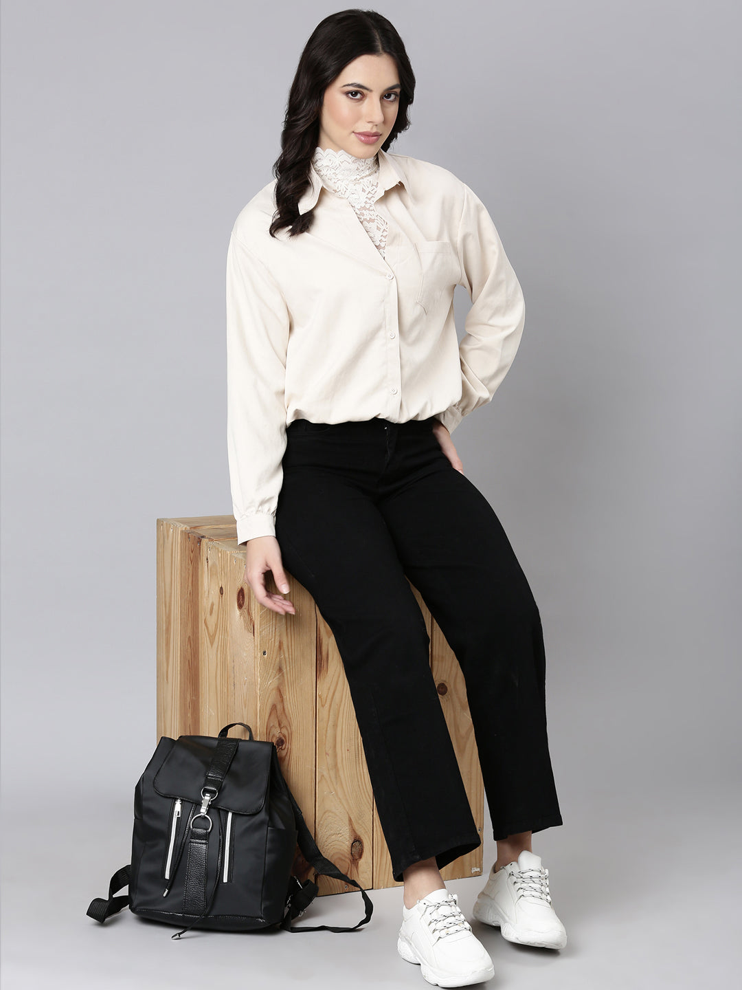 Women Solid Shirt Style Cream Top Comes with Attached Inner Top